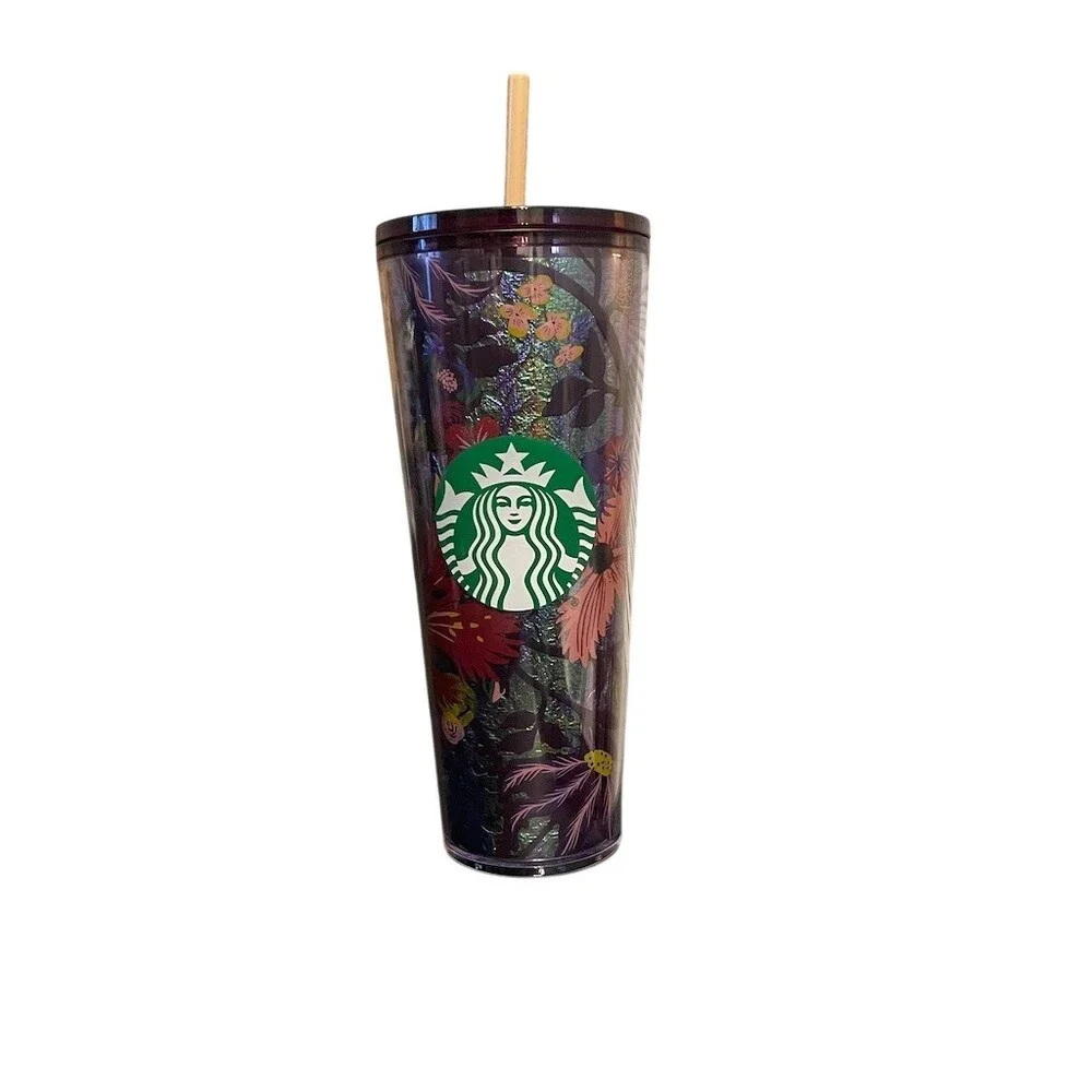 Starbucks Fall 2021 Iridescent Floral Foil Cold Cup Tumbler 24oz w/ Straw